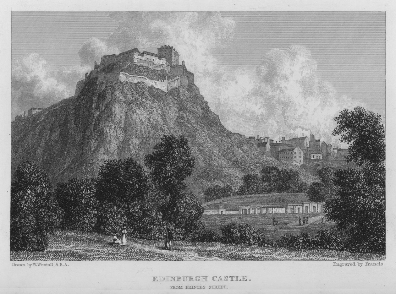 Edinburgh Schloss, von der Princes Street (Stich) von William (after) Westall