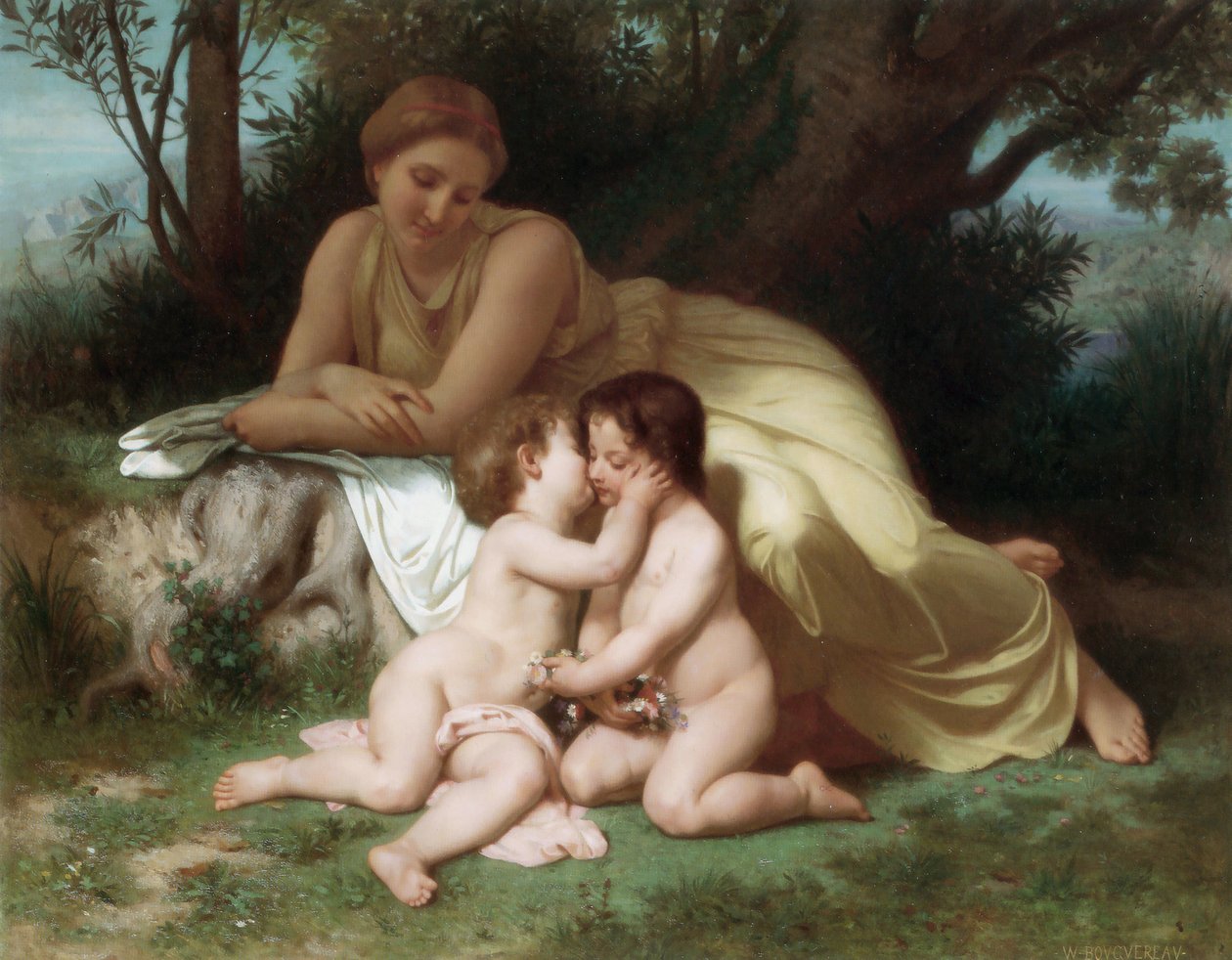 Junge Frau betrachtet zwei umarmende Kinder von William Adolphe Bouguereau