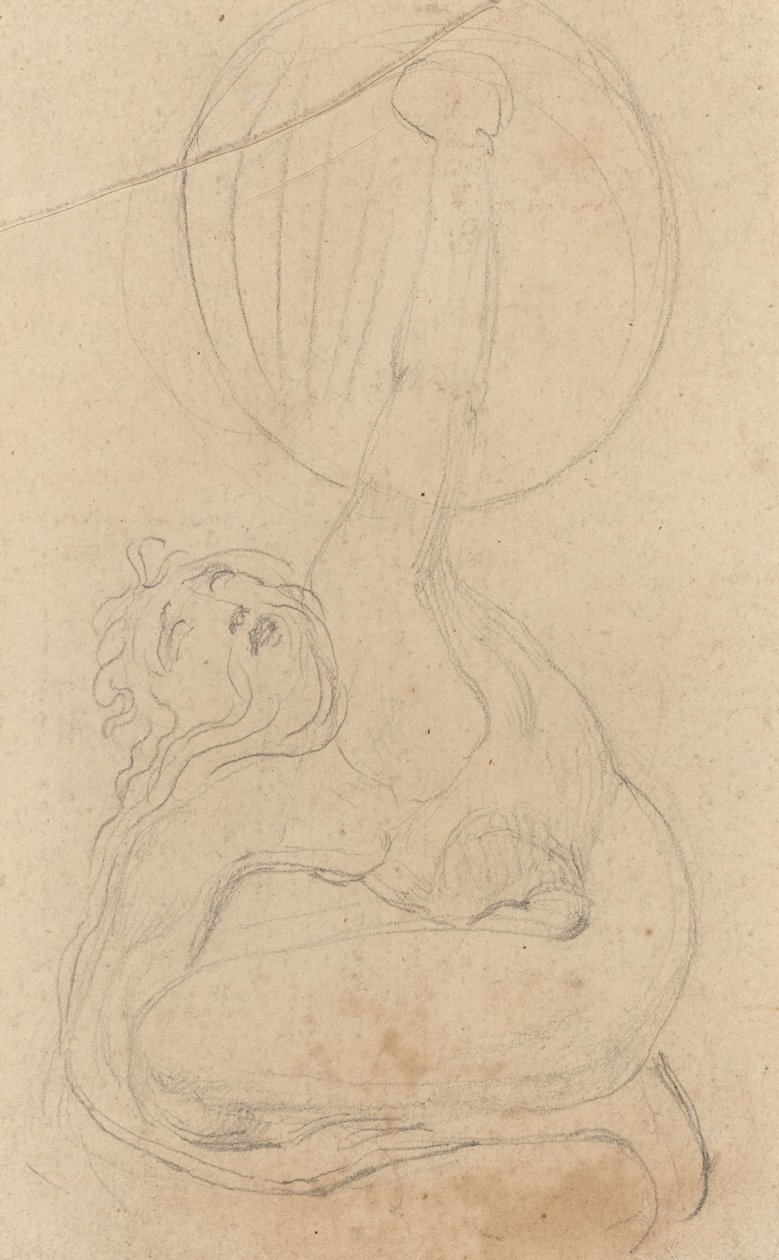 Eine kauernde Figur, die ein Schild hält von William Blake
