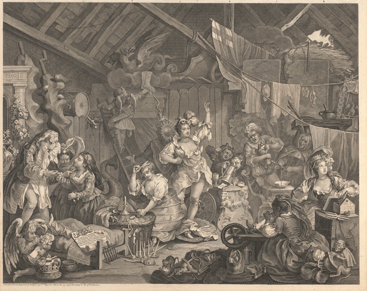 Umherziehende Schauspielerinnen, die sich in einer Scheune umziehen von William Hogarth