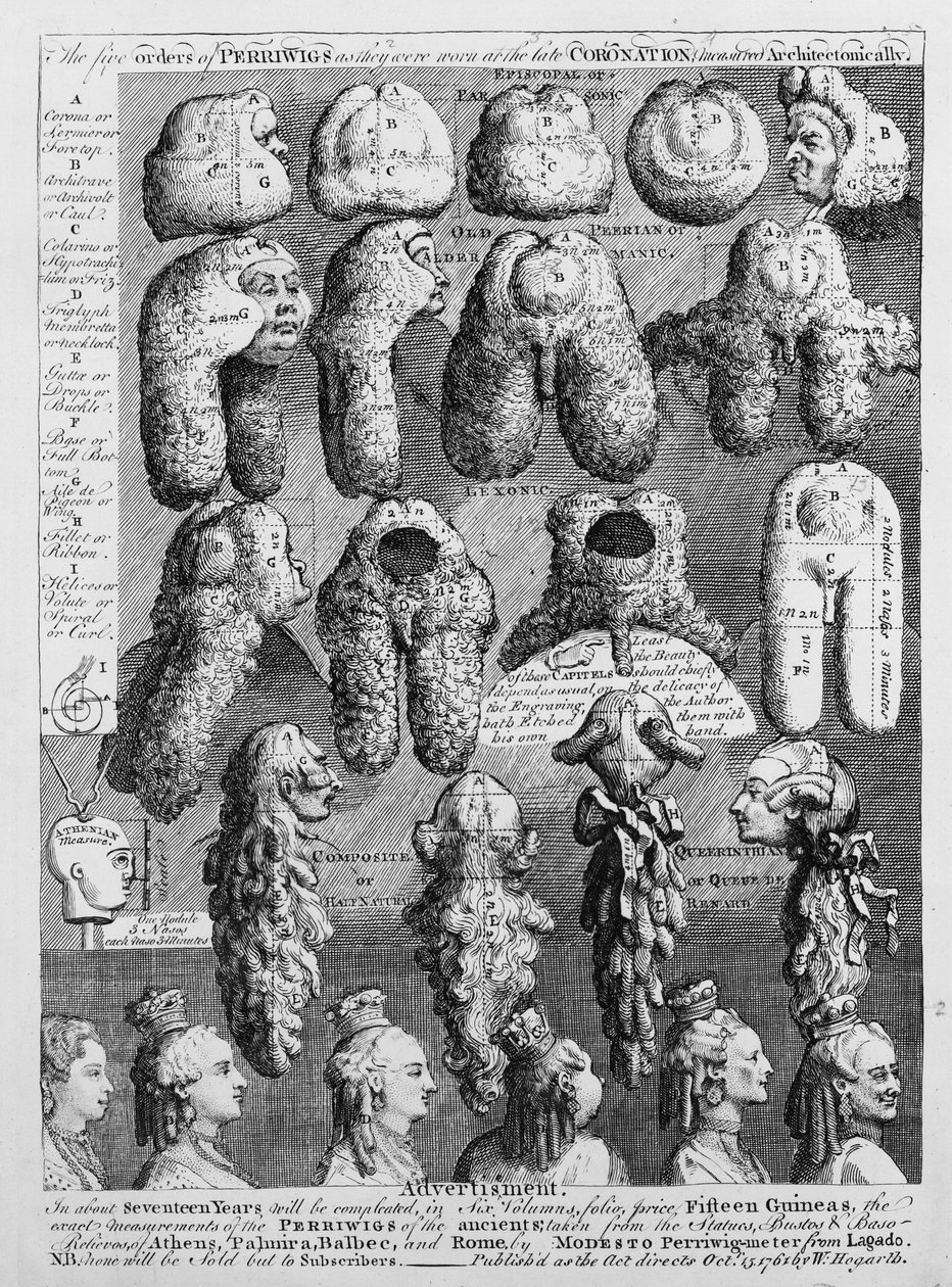 Die fünf Ordnungen der Perücken von William Hogarth