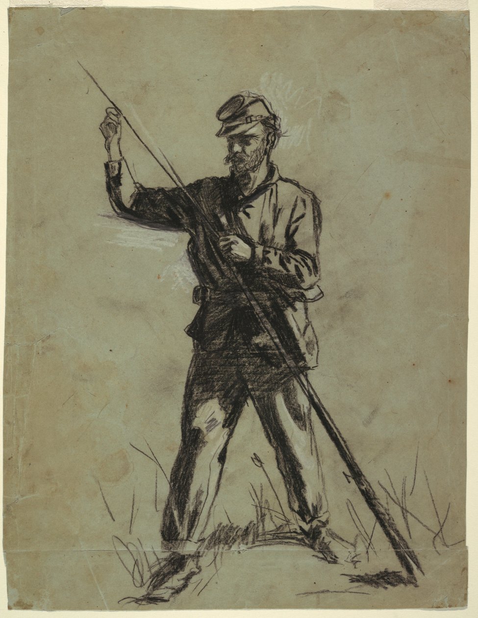 Zeichnung, Kavalleriesoldat lädt ein Gewehr, 1863–64 von Winslow Homer