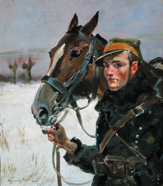 Soldat mit einem Pferd von Wojciech Kossak