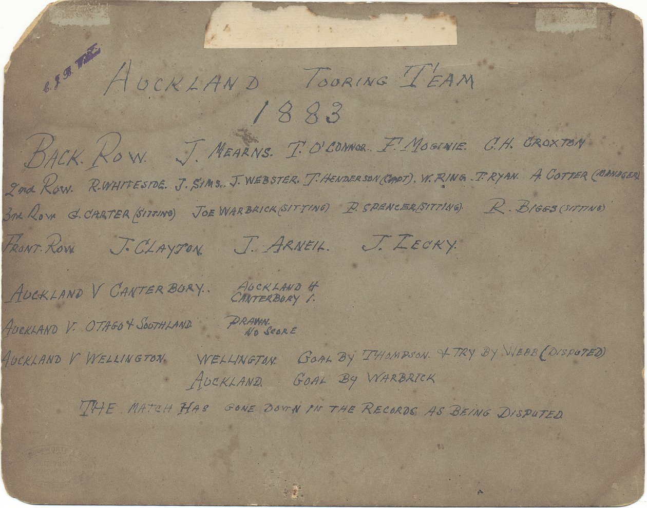 Auckland Touring Team, 1883 von Wrigglesworth and Binns