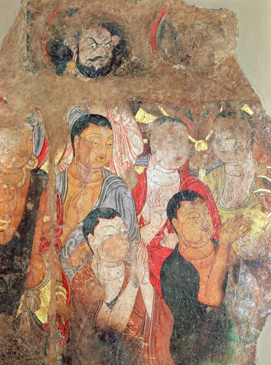 Gruppe von Mönchen und Buddha, aus dem Shikshin-Kloster, Karashar, 9.-10. Jahrhundert (Fragment eines Gemäldes) von Xingjiang