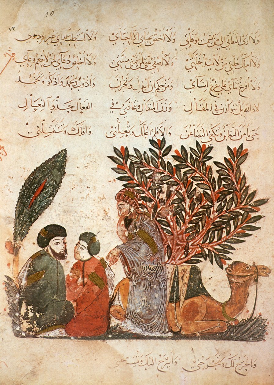 Die Karawane hält an: Al-Harith hört ein Gespräch zwischen einem Mann und seinem Sohn, aus Al Maqamat von Al Hariri, ca. 1240 von Yahya ibn Mahmud Al Wasiti