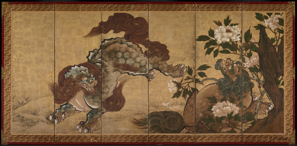 Löwen und Tiger in Pfingstrosen und Bambus von Yamaguchi Sekkei
