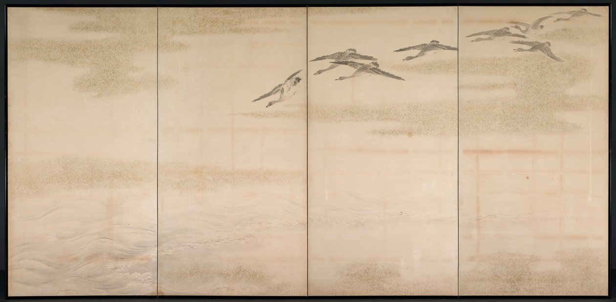 Gänse, Schilf und Wasser, 1800er von Yamamoto Baiitsu