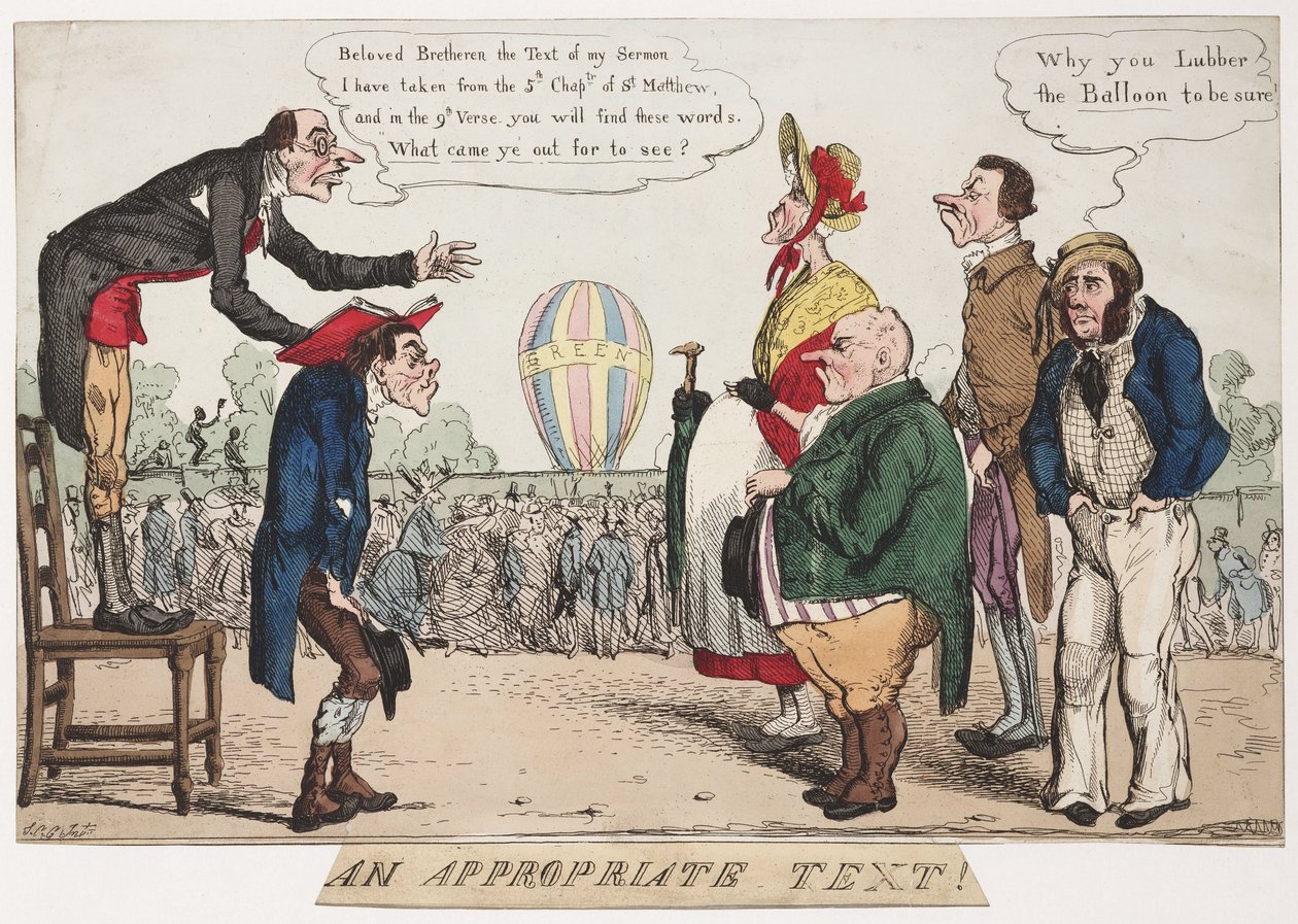 Ein passender Text!, satirische Ballonfahrt-Skizze, um 1842 von Frederick (attr. to) Barnard
