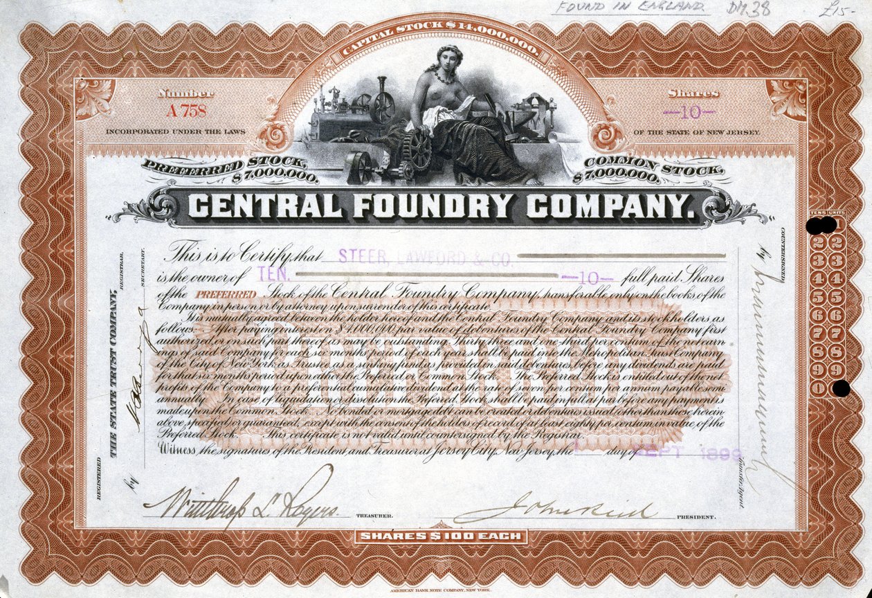 Aktie der Central Foundry, Brasilien von Frederick (attr. to) Barnard