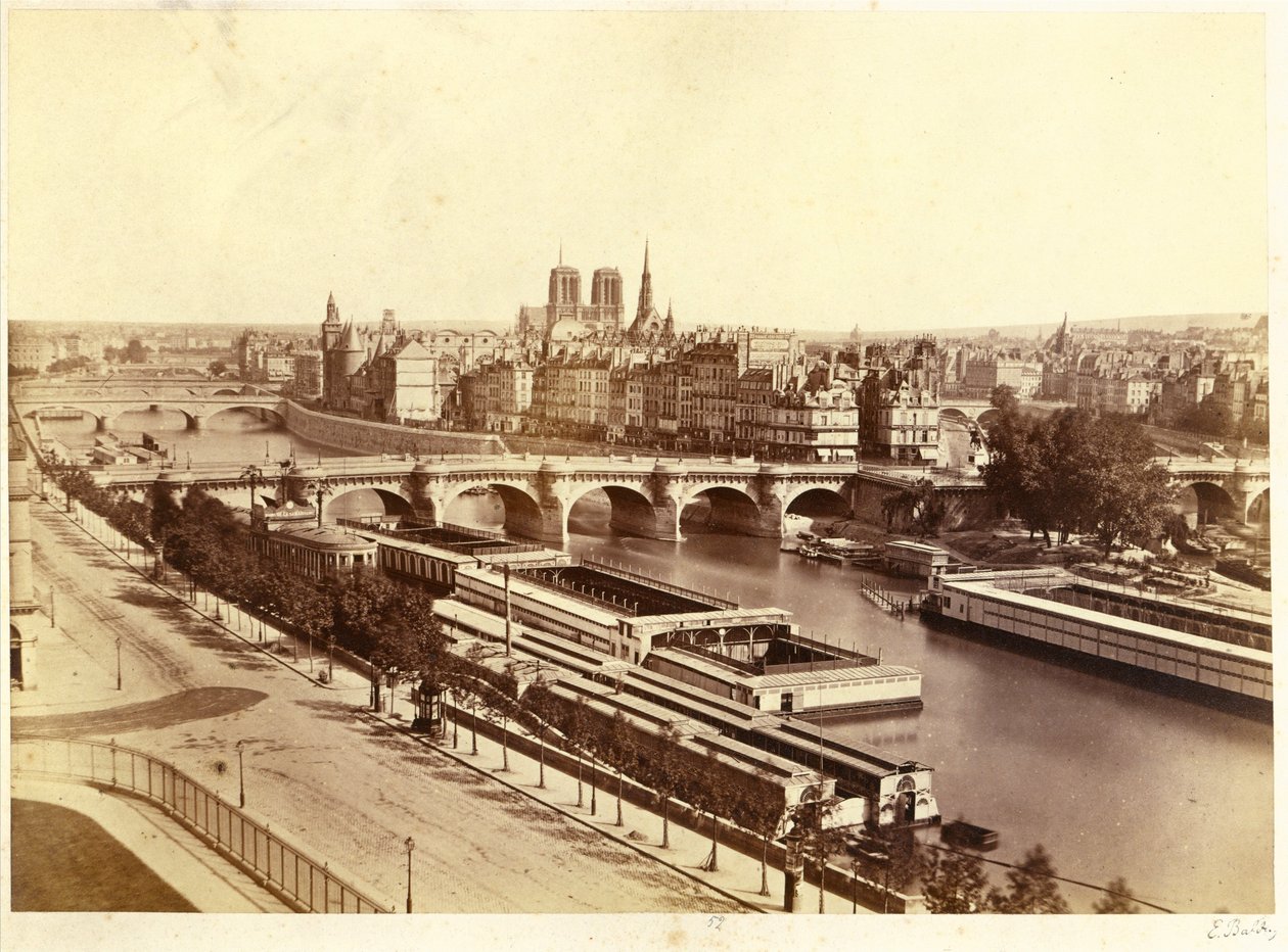 Seine mit Brücken, im Hintergrund Notre-Dame de Paris von Edouard Denis Baldus