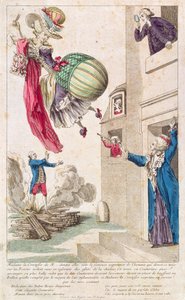 Karikatur, die Mode und Ballonfahren verspottet, ca. 1783-4