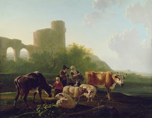 Rustikale Figuren mit Rindern und Schafen