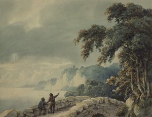 Landschaft mit Bäumen, Brücke und Figuren