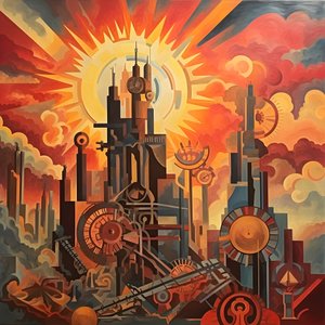 Zahnräder und Werkzeuge abstrakter Sonnenaufgang 1950er 4
