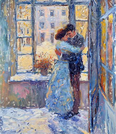 Leinwanddrucke auf Anfrage: Impressionistisches Ölgemälde eines romantischen Paares von F. Abderrahim