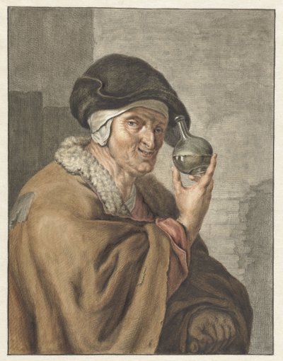 Alte Frau mit einem Uringlas von Abraham Delfos