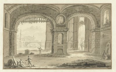 Fantasierte italienische Stadtansicht mit klassischen Bauwerken von Abraham Rademaker
