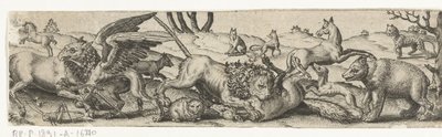 Kämpfende Tiere in einer Landschaft von Abraham de Bruyn