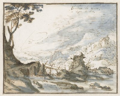 Berglandschaft mit einer Holzbrücke von Abraham de Vries