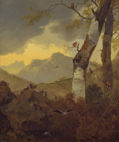Gebirgslandschaft mit Ziegen und Vögeln von Adam Pynacker