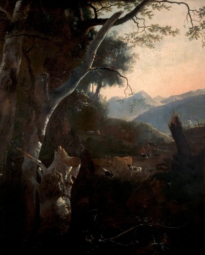 Gebirgslandschaft mit Bauern, Kühen und Ziegen von Adam Pynacker