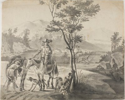 Reiter und Hunde in felsiger Landschaft von Adam Pynacker
