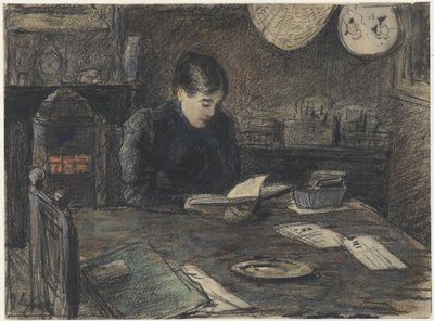 Lesende Frau an einem Tisch von Adolf le Comte