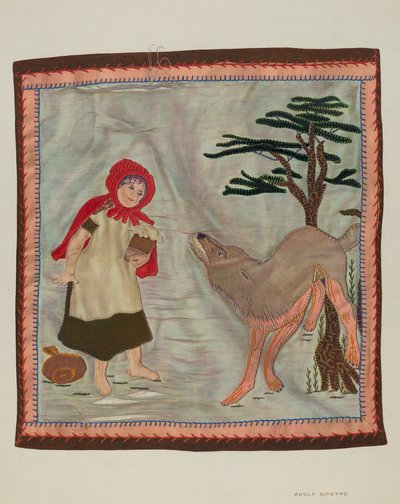 Detail der Bettdecke Rotkäppchen, ca. 1941 von Adolph Opstad