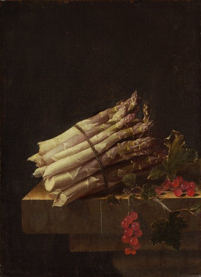 Stillleben mit Spargel und roten Johannisbeeren von Adrian Coorte