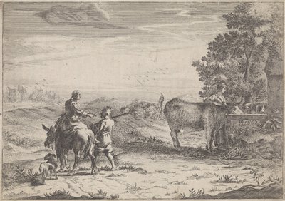 Landschaft mit Frau, die eine Kuh tränkt von Adriaen Oudendijck