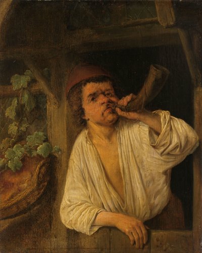 Ein Bäcker bläst sein Horn von Adriaen van Ostade