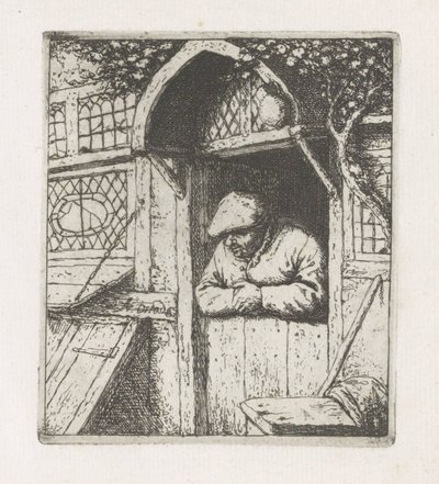 Mann lehnt an einer Tür von Adriaen van Ostade