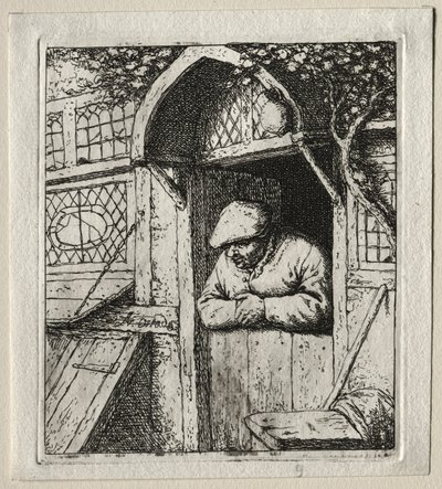 Bauer, der sich an seine Tür lehnt von Adriaen van Ostade