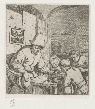 Schulmeister mit drei Schülern am Tisch von Adriaen van Ostade