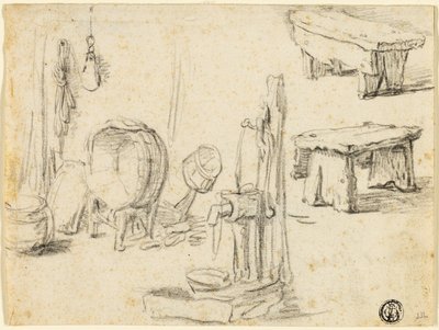 Skizzen von Pumpe, Waschzuber, Bänken von Adriaen van Ostade