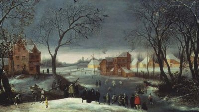 Winterlandschaft mit Schlittschuhläufern von Adriaen van Stalbemt