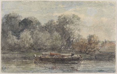 Boot mit gesenktem Mast am Ufer liegend von Adrianus Eversen