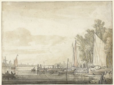 Boote an einem Steg in einem Fluss von Aelbert Cuyp