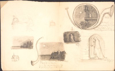 Skizzenblatt mit verschiedenen Motiven und Notizen von Agnes Slott Møller