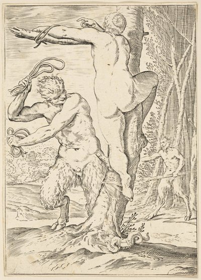Satyr peitscht eine Nymphe, um 1590-95 von Agostino Carracci