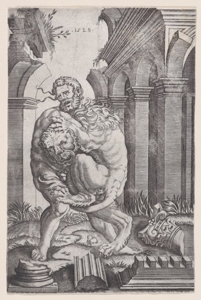 Herkules erwürgt den nemeischen Löwen, datiert 1528 von Agostino Veneziano