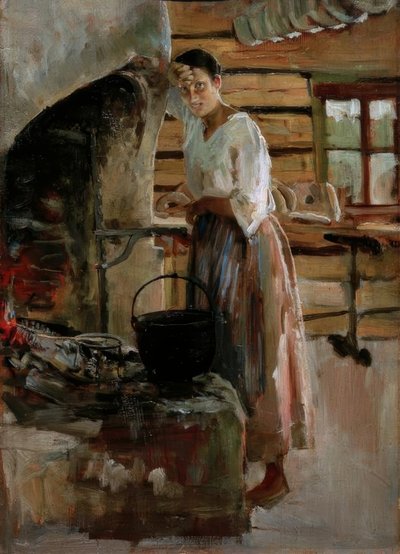 Frau kocht Maränen von Akseli Valdemar Gallen Kallela