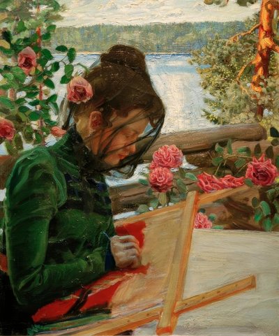 Marie, stickend in Kalela von Akseli Valdemar Gallen Kallela