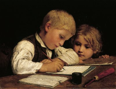 Junge schreibt mit seiner Schwester, 1875 von Albert Anker