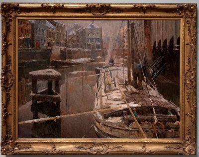 Lastkähne im Schnee von Albert Baertsoen