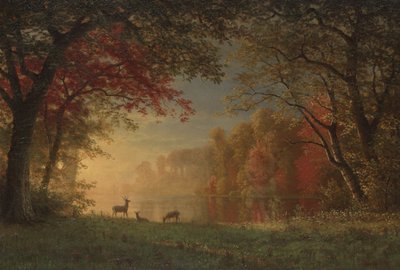 Indischer Sonnenuntergang: Hirsche an einem See, ca. 1880-90 von Albert Bierstadt