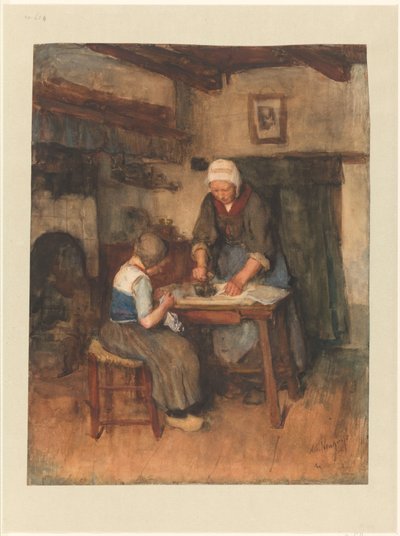 Interieur mit bügelnder Frau und nähendem Kind von Albert  Neuhuys