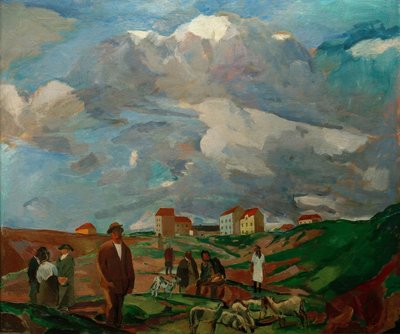 Vorstadthäuser (mit Menschen und Schafherde) von Albert Weisgerber
