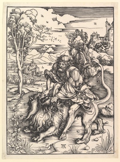Samson zerreißt den Löwen, ca. 1497-1498 von Albrecht Dürer